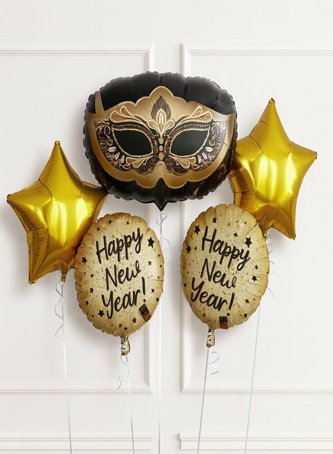 AMFIN (Pack of 5) New Year Foil Balloon Decoration Set with Masquerade Mask, Gold Star and Black Round Foil Balloons for New Year Eve Celebrations Party Decor - Image 1